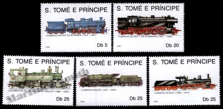 Santo Tomé y Príncipe 1990 Yvert 997-1001, Trenes y locomotoras de vapor - MNH
