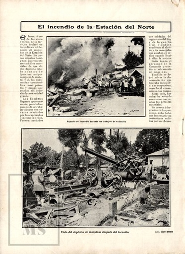 [cl_nm655_9] Recorte Artículo Prensa 1906 Nuevo Mundo Página - El Incendio de la Estación del Norte, Madrid
