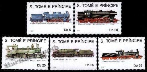 [st_997-1001_xs] São Tomé i Príncipe 1990 Yvert 997-1001, Trens i locomotores de vapor - MNH